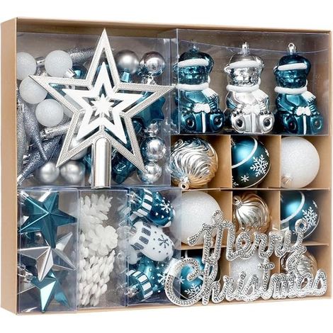 Set mit 70 bruchsicheren Weihnachtskugeln zum Aufhängen am Weihnachtsbaum, mit der Aufschrift „Frohe Weihnachten“ und Dekorationen für die Baumspitze. Blaue Weihnachtsdekoration für drinnen und drauße