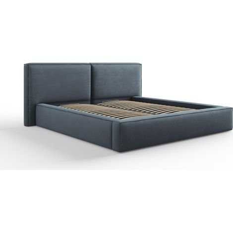 Lit coffre + tête de lit double 180x200 en tissu structurel bleu (1/4)