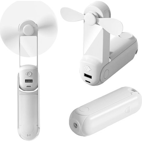 CNMTCCO Mini 5 in 1 tragbarer Ventilator, USB-aufladbar, faltbar, mit Schultergurt, Powerbank, Taschenlampe, Spiegel und Handyhalterung, ideal für Büro und Outdoor-Aktivitäten (weiß). (1/5)