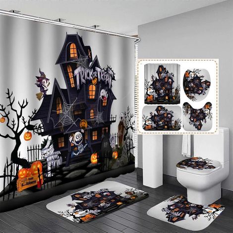 Halloween-Duschvorhang-Set mit rutschfester Matte, WC-Sitzbezug und Badematte, gruseliger Kürbis-Duschvorhang mit 12 Haken, wasserdichtes Badezimmer-Dekorationsset