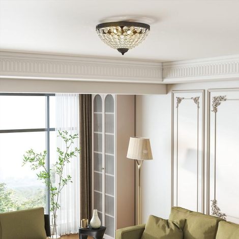 Plafonnier vintage en cristal avec 2 douilles E14 40W et 168 perles de cristal, noir, idéal pour chambre ou salon.