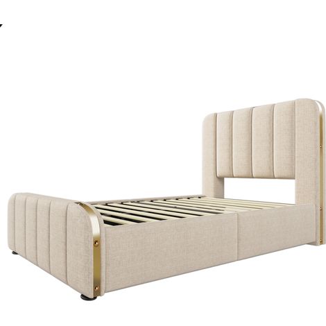 Polsterbett 90x200 cm beige aus Leinen mit 4 Schubladen und Matratze (1/5)