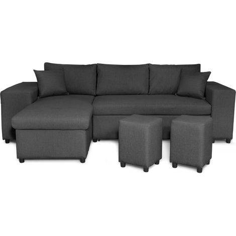 Canapé d'angle réversible MADY avec coffre, accoudoir étagère et poufs droit en tissu gris foncé (1/5)