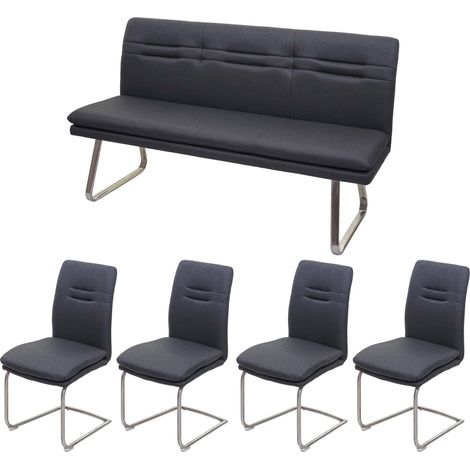 Set panca con 4x sedie a slitta sala pranzo soggiorno cucina HHG-930 tessuto acciaio inox, grigio 160cm