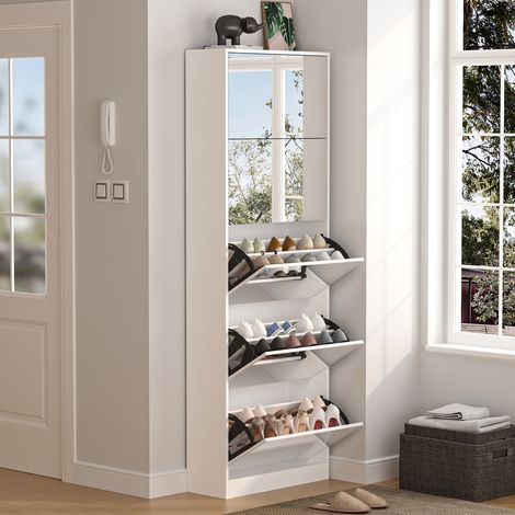 Meuble à chaussures 63x23,6x185 cm, avec étagère à chaussures pliante à 5 niveaux, meuble à chaussures miroir, MDF, autoportant, adapté à l'entrée et au couloir - Blanc (1/5)
