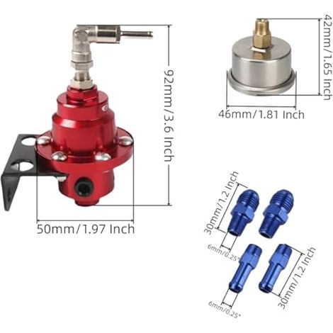 1 régulateur de pression de carburant universel réglable avec 1 jauge remplie d'huile et 4 connecteurs de fixation pour la plupart des voitures et camions (rouge) (1/4)