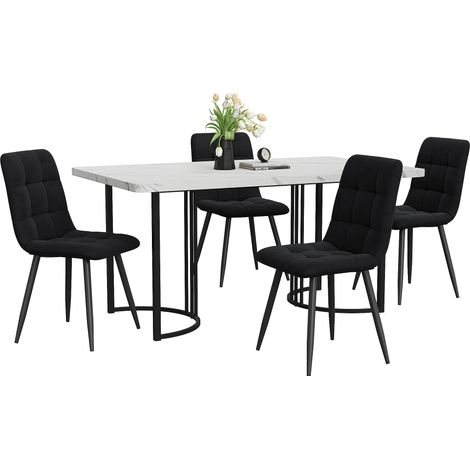 Lot de 5 ensemble table et chaises de salle à manger blanc, table 140 x 80 cm effet marbre, chaises en velours noir, pieds métal réglables, CHICFURN (1/5)