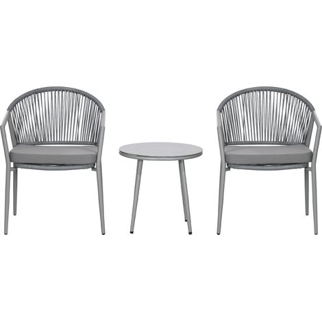 Salon De Jardin en Rotin 2 Fauteuils + Table Avec Plateau Verre, Résistant Aux Intempéries, Gris