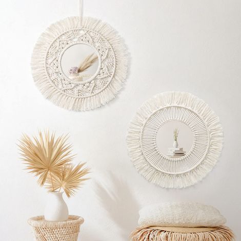Lot de 2 Miroir Mural Macramé Rond Miroir Muraux avec Frange Suspendu Miroir Pendentif Art Ornement Boho Decor pour Appartement Maison Chambre Salon(Beige, 2 Pièces) (1/5)