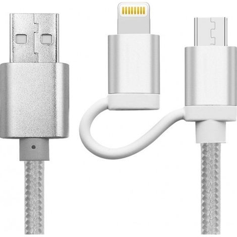 893267 Câble 2 en 1 Micro USB adaptateur de charge Lightning et données 39 cm  Couleur: Argenté