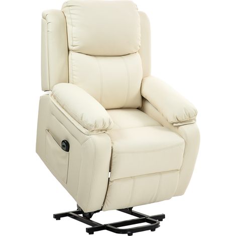 Poltrona reclinabile elettrica con sollevamento e inclinazione fino a 160°, poltrona relax elettrica in similpelle con telecomando, poggiapiedi e 2 tasche laterali per soggiorno, colore bianco crema.