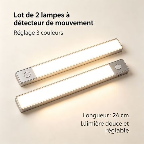 2 lampes à capteur de mouvement LED 24 cm, tricolores, éclairage automatique pour escalier, garde-robe, couloir, capteur de présence - Blanc (1/5)