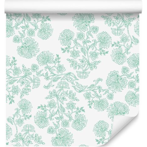 Carta da parati con fiori bianchi e menta, un dettaglio distintivo per soggiorno e camera da letto 50x1000 cm (1/5)