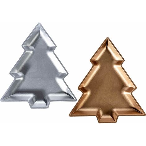 Vassoi ad albero natalizio decorativo in legno colorato argento e bronzo, set da 4 pezzi, cm 26,5 x 29,5 H