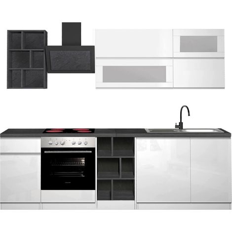 Dmora - Cuisine complète Dcastill, Cuisine pratique et peu encombrante, Mur de cuisine avec 5 portes et 1 tiroir, 100% Made in Italy, 255x60h85 cm, Blanc brillant et ardoise (1/5)