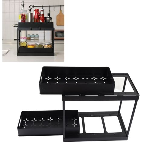 Organiseur Sous Évier Double Étage Sliding Pull Out ABS Noir pour Cuisine Salle de Bain Laundry avec Crochets et Cups Suspendus (1/5)