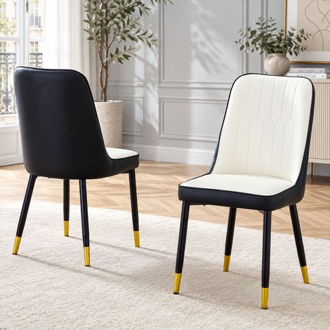 Lot de 2 chaises de salle à manger en similicuir PU noir et blanc, dossier ergonomique, pieds en métal noir, charge 120 kg (1/5)