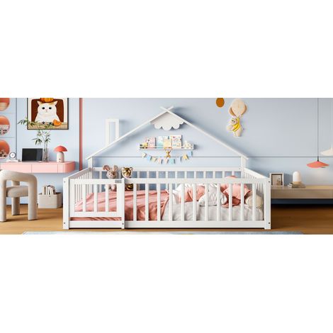 Lit cabane pour enfant blanc en pin 140x190 cm avec barrière de sécurité verrouillable et design maison pour chambre et espace de (1/5)
