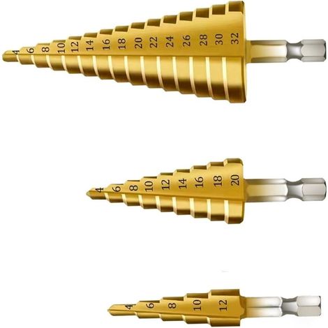 Broca escalonada YMYNY de 3 piezas, broca cónica triangular de titanio, 4-12/20/32 mm para taladrar con destornillador en acero, latón, madera y plástico. (1/4)