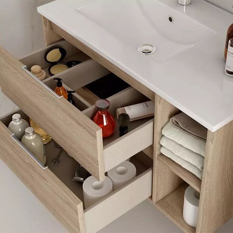 Meuble de salle de bain 120cm vasque déportée - 2 tiroirs et 2 niches - sans miroir - cambrian (chêne clair) - OLYMPE — vue 2