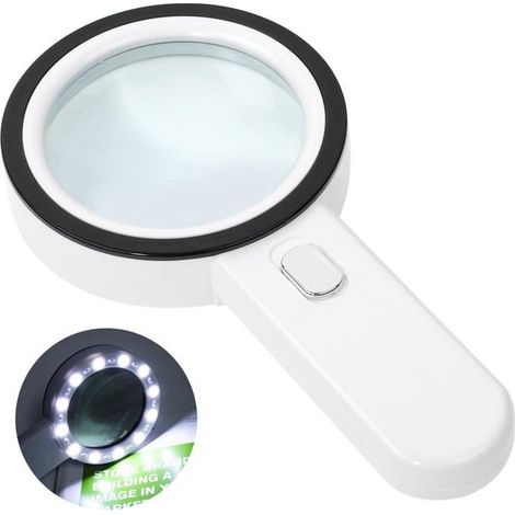 Lupa de lectura iluminada, aumento de 30x, con 12 luces LED, lupa de mano, lupa iluminada (blanca). (1/5)