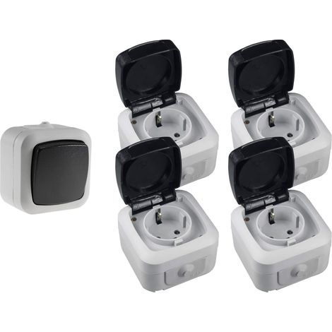 Feuchtraum Steckdosen Schalter Set 5 teilig Aufputz IP44 Wechselschalter Steckdose (1/5)