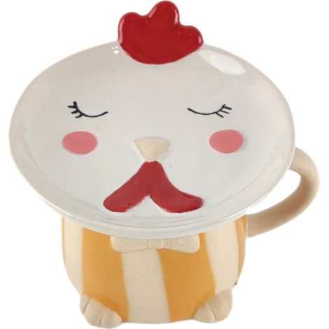 Tazza decorativa a forma di gallina con piattino, in ceramica dal design rustico, ideale per caffè o tè, perfetta come regalo (1/4)