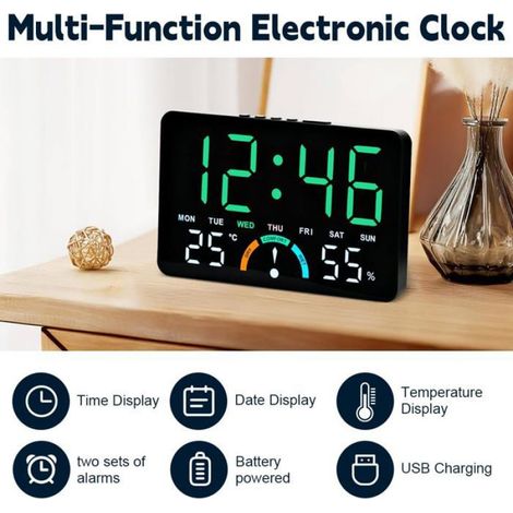 1 Horloge murale LED, grand écran, température, 2 alarmes, luminosité réglable, salon cuisine bureau (1/5)