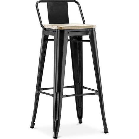 Bar Stool with Backrest - Industrial Design - Wood & Steel - 76cm - New Edition - Stylix Black
