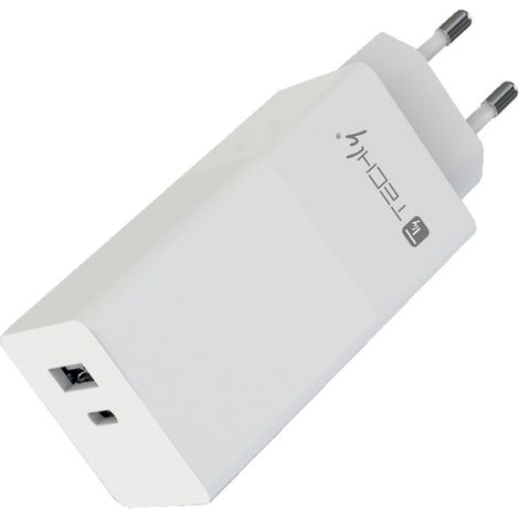 Caricatore da Muro Techly USB-C� e USB-A 100W, Alimentatore per Smartphone e Tablet, Bianco (1/4)