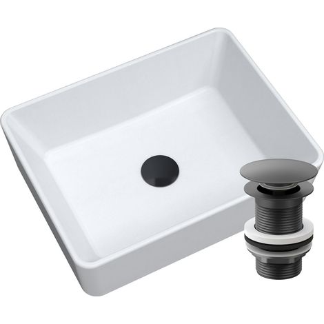 Lavabo en granit à poser Granitan Merano blanc avec bonde clic-clac noire (1/5)
