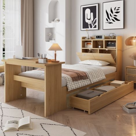 Letto 90x200 in legno naturale con contenitore e scrivania, senza materasso – MEUBLIV (1/5)