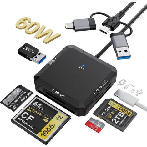 8-in-1-Kartenleser mit USB-C-, USB-A- und Lightning-Anschlüssen 3 Anschlüsse für SD-, TF-, CF-, MS-, USB-A-, USB-C- und OTG-Karten (1/5)