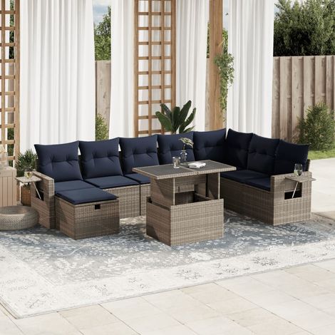9-teiliges Gartensofa-Set mit Kissen, grau, Polyrattan (1/5)