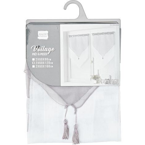 douceur d'intérieur, Paire de Voilages à passants (2 x 60 x 120 cm) Duo Blanc/Gris, Voile Bicolore (1/5)