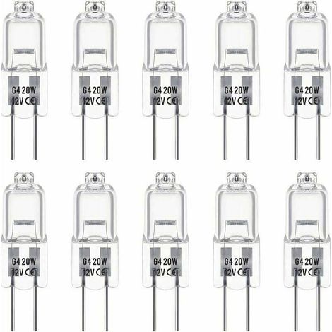 Ensemble de 10 ampoules halogènes G4 de 12V et 20W. Ces ampoules émettent une lumière blanche chaude de 3000K, avec une luminosité de 350 lumens. Elles sont gradables et ont un aspect transparen