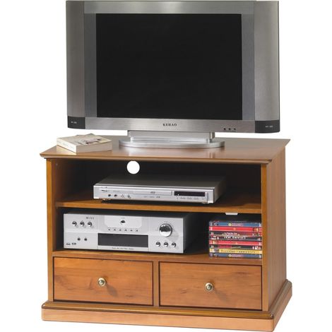 Meuble TV 32 Pouces Merisier 2 Tiroirs 2 Niches Roulettes L 82.4 H 58.7 P 46.5 cm (1/4)