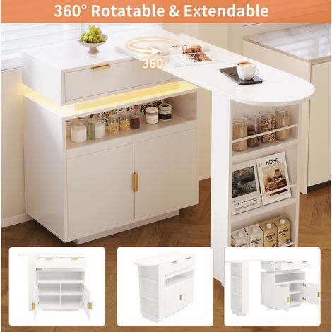 Ausziehbarer Bartisch (115-183 × 40 × 99 cm), ausziehbare Kücheninsel, Bartisch mit Stauraum, LED‑Beleuchtung, 360° Drehfunktion, mobile Kaffeebar, geeignet für Küche und Esszimmer, Weiß (1/5)