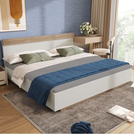 Lit double en bois blanc et chêne Sonoma 180x200 cm avec sommier à lattes inclus (1/5)