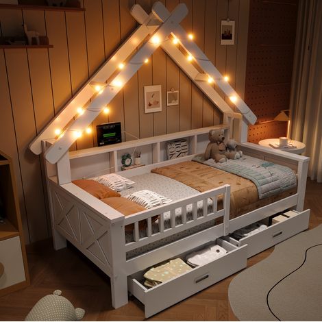 Cama infantil tipo casita 90x200 cm de MDF y pino blanco con LED y almacenaje – MEUBLIV (1/5)