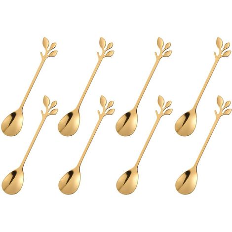 Ein 16-teiliges Set bestehend aus einem Mini-Teelöffel aus Gold, einem Mini-Teelöffel aus Edelstahl, einem Mokkalöffel, einem Kuchenlöffel, einem Eisportionierer und einem kleinen Dessertlöffel. (Teel