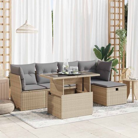 Ensemble Salon Jardin 6 Places Résine Tressée Beige avec Coussins Gris, Table Verre Trempé Réglable et Rangement Intégré (1/4)