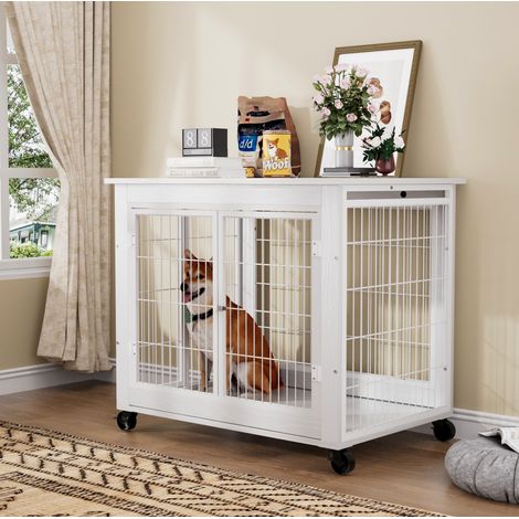 Box per cani in stile mobile con doppia porta, tetto apribile, ruote, bianco 80 x 56 x 69,5 cm (1/5)