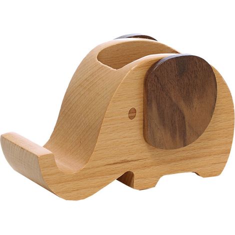 Mini porte-stylo éléphant en bois avec support de téléphone, Ensoleillé