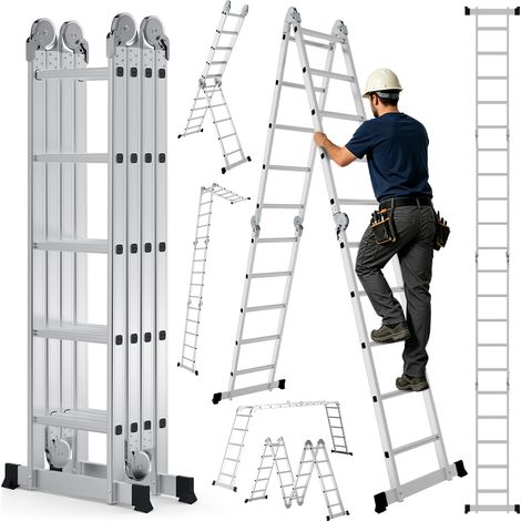 Randaco Escalera plegable articulada 7 en 1 de aluminio, 4x5 peldaños, aprox. 582 cm / 5,8 m, plegable, antideslizante, carga máxima 150 kg (1/5)