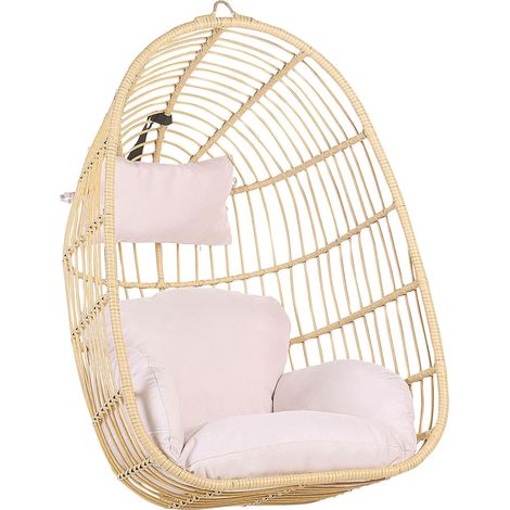 Beliani – Fauteuil suspendu en polyrotin beige – Coussin épais 100% polyester – Résistant aux intempéries – Pour intérieur et extérieur (1/5)