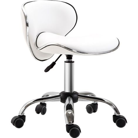 Tabouret de travail pivotant 360° blanc, hauteur ajustable 44-56 cm, avec dossier, siège à roulettes (1/5)