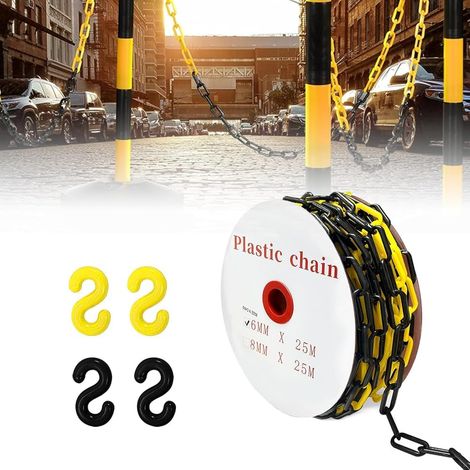 Chaîne de barrière en plastique, 8 mm x 15 m, chaîne d'avertissement en plastique avec 4 crochets en S, chaînes de barrière pour chantier, parking, files d'attente et entretien des commandes (noir