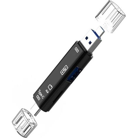 Adaptateur lecteur de cartes mémoire 5 en 1 USB 2.0 Type-C/USB/Micro-USB/TF/OTG, accessoire pour téléphone portable, noir. (1/4)