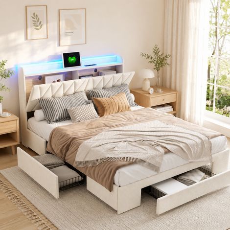 Lit coffre rembourré 140 x 200 avec 3 tiroirs - Lit double velour beige 140 x 200 - Tête de lit avec bande LED - Ports USB et Type-C - Style scandinave (1/5)
